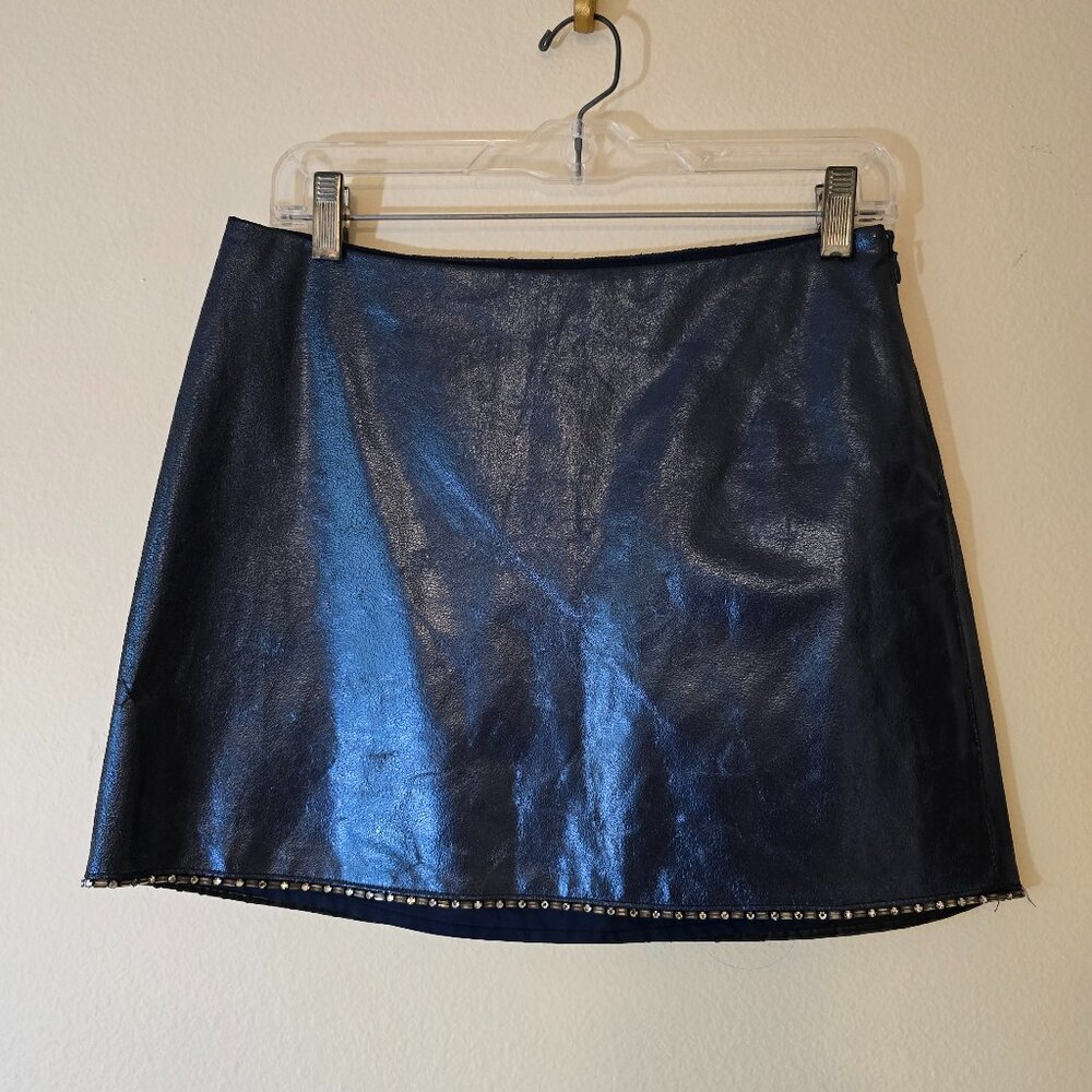 ABS Evening by Allen Schwartz Metallic Navy Blue Leather Miniskirt Size 6